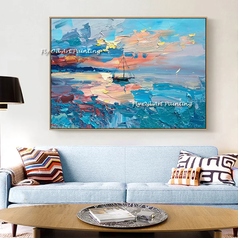 Knife painting Colorful sunset sea level sailboat  100% Handmade Oil painting abstract wall art handmade image for office