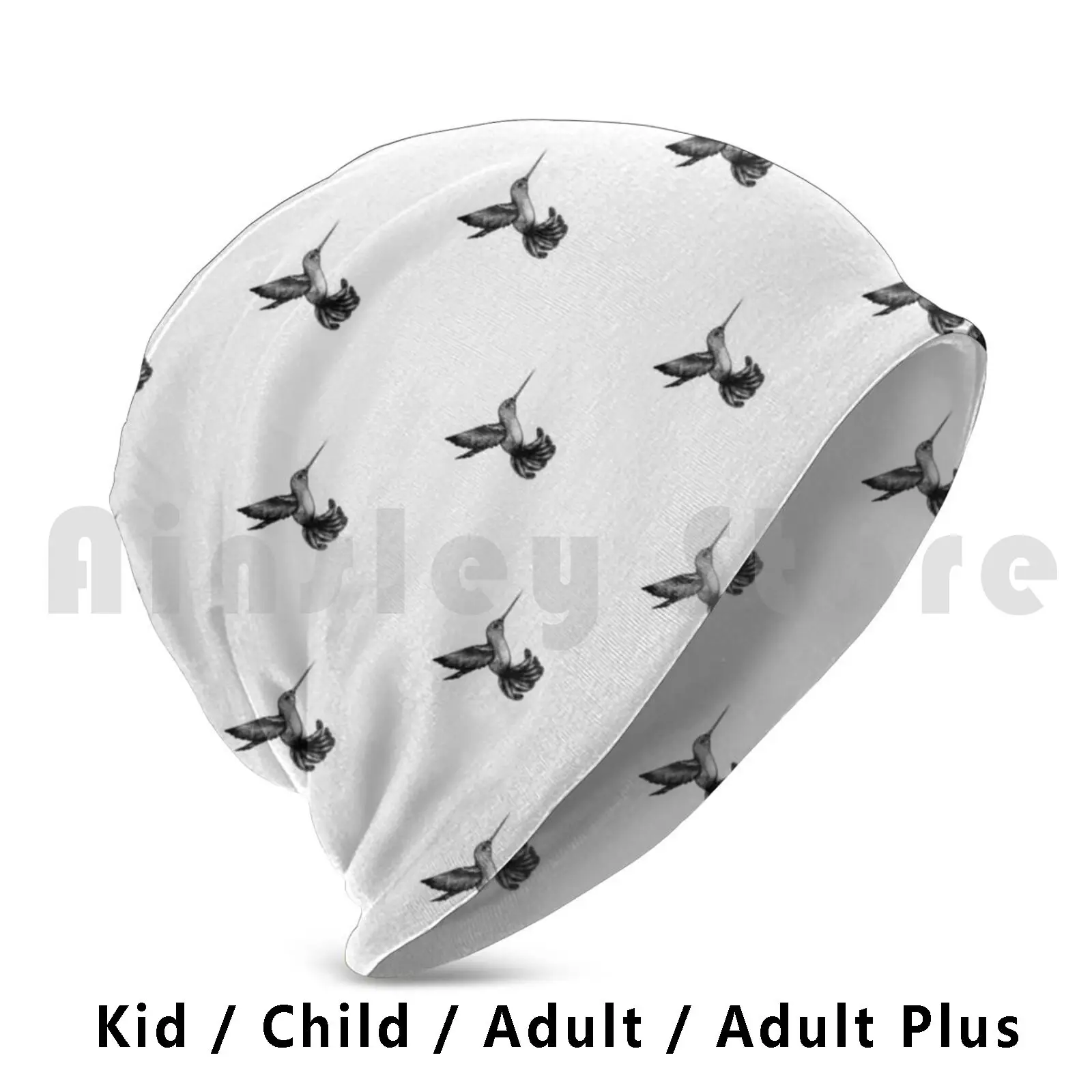 Black And White Hummingbird With Feather Detailing Beanies Knit Hat 2479 Beanies Print Black White Bird Hummingbird