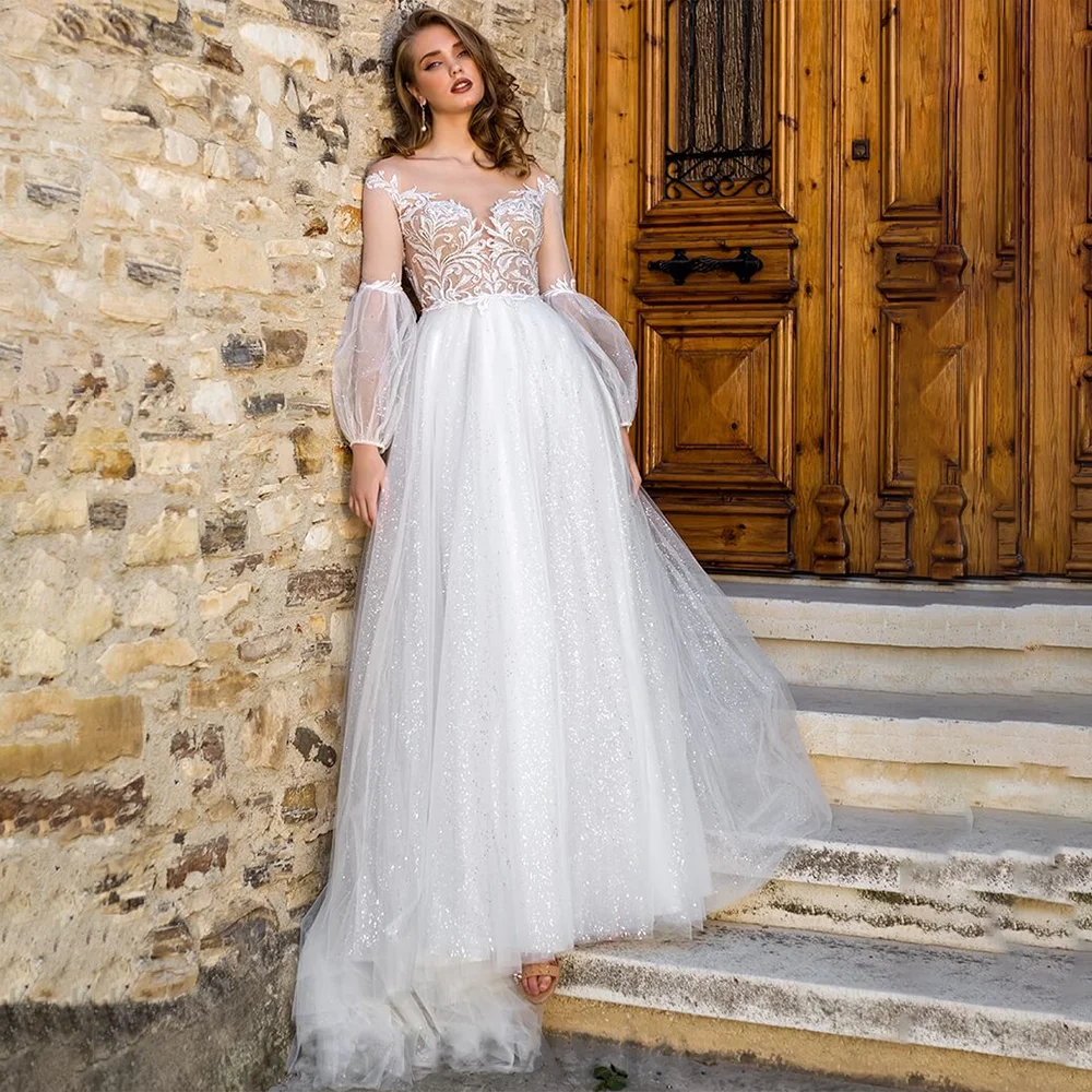 Robe de mariée en Tulle à manches longues, luxueuse robe de princesse sur mesure avec haut en dentelle