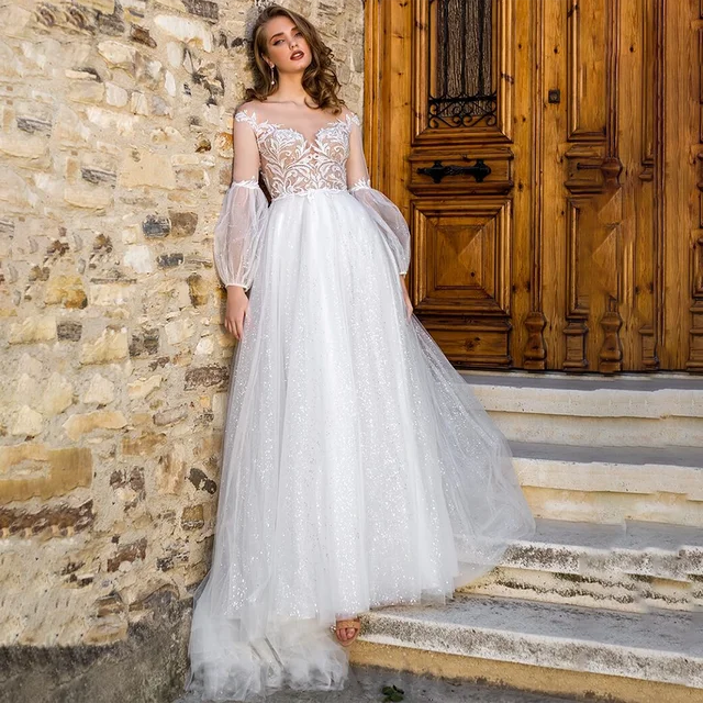 Sparkly Tulle Long Sleeves Wedding Gowns A Line Top Lace Illusion Luxury  Princess Wedding Dress For Bridal Custom Made - Wedding Dresses - AliExpress