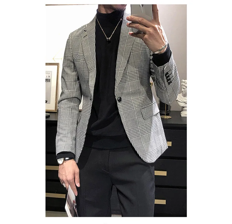 

New Arrival Mens Suit Plaid Casual Double Breasted Slim Fit Blazer Tuxedos For wedding Groom （Only Jacket )
