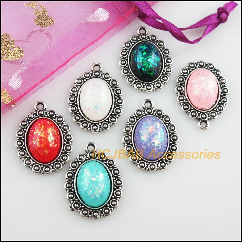 12 New Oval Flower Resin AB Shivering Mixed Charms Tibetan Silver 18x24mm