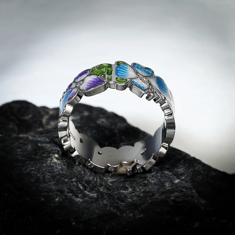 Luxury 925 Silver Handmade Enamel Blue Dripping Oil Butterfly Flower Ring Exquisite Jewelry Party For Ladies