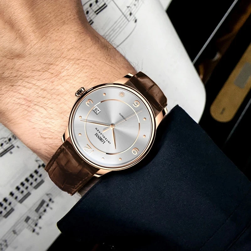 LOBINNI Herren-Automatikuhren, luxuriöse Herrenuhr, wasserdicht, mechanische Armbanduhren, Saphir ST2130, Lederarmband, einfaches Zifferblatt