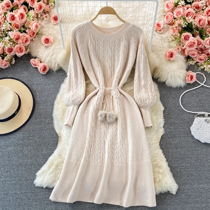 Herbst Laterne Ärmel Strickkleid Frau O-Ausschnitt Schnür pullover Kleid Vestido weibliche Winter Aprikose elegante lange Strickkleid ung