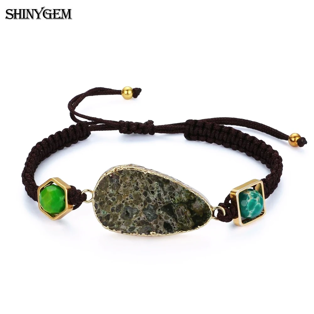 

ShinyGem Bohemia Irregular Natural Jaspers Stone Bangles Charm Beads Adjustable Brown Rope Chain Leather Bracelets For Women