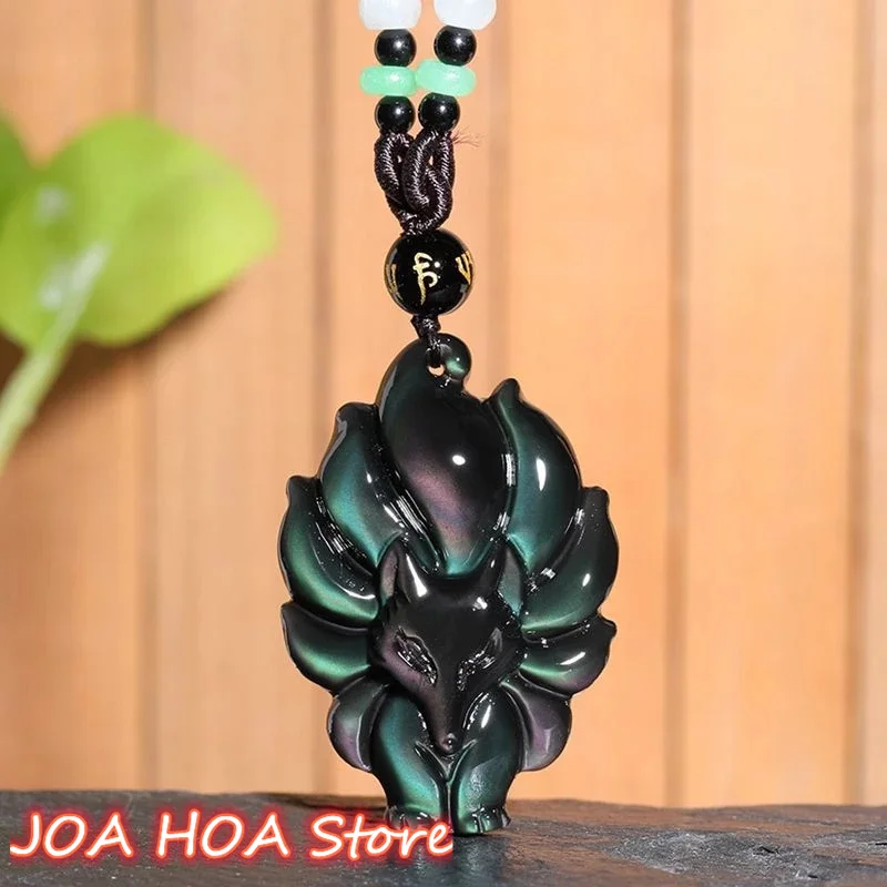 

Natural Ice Obsidian Dragon Fox Pendant Fashion Boutique Jewelry Hand Carved Nine Tail Necklace