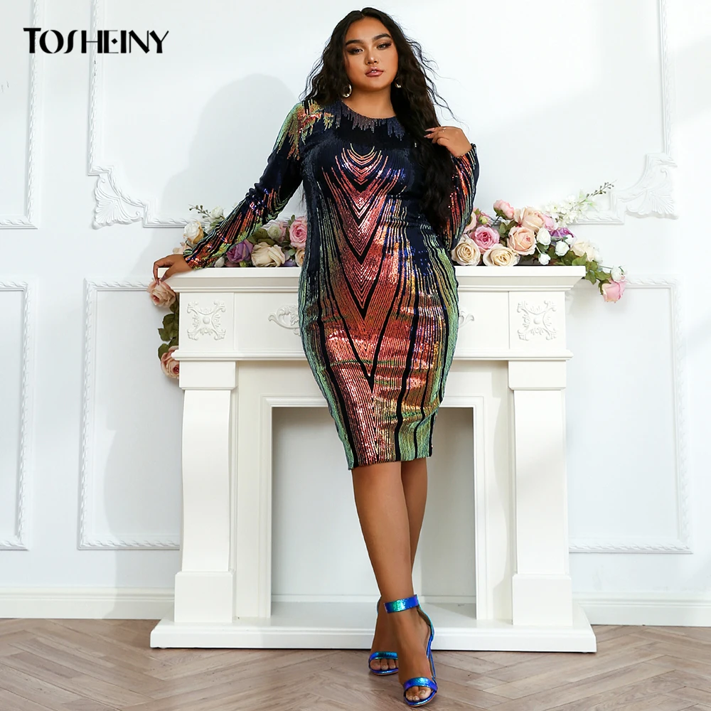 Tosheiny Woman Plus Size Dress Elegant Sexy Midi Sequins Long Sleeve Party Evening Vestidos Bodycon Fashion Curve