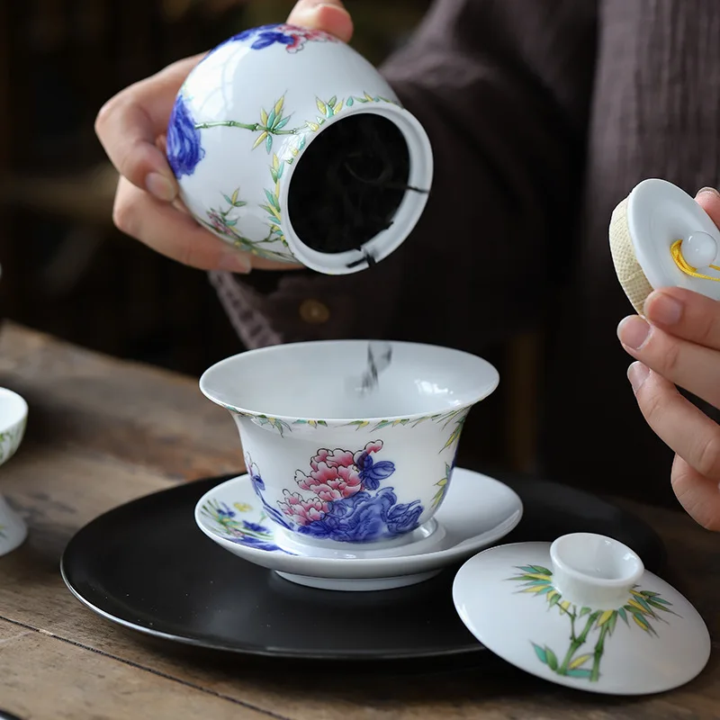 Gongfu Tea Set Ceramic San Cai Gai Wan China Handmade Tea Cups Gaiwan Tureen Hand-painted Tea Bowls