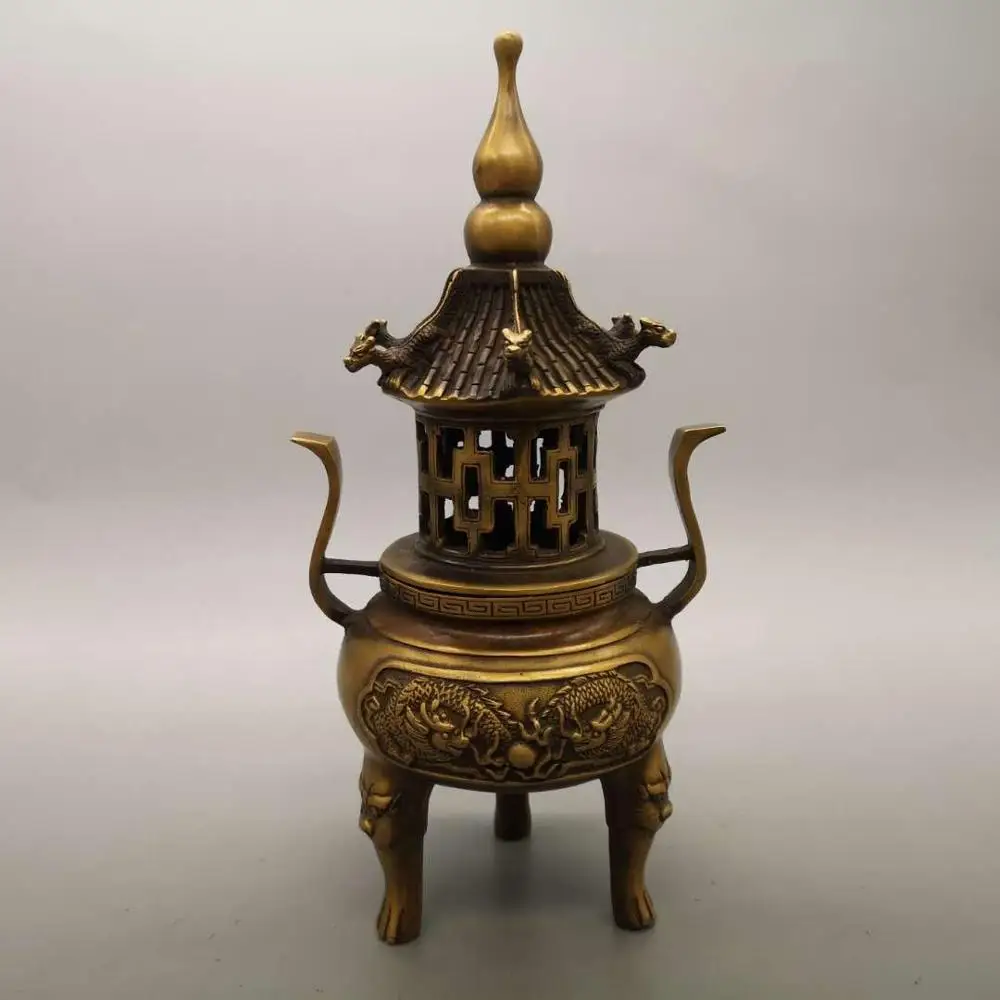 

Chinese pure brass Ssangyong play pearl Incense burner statue