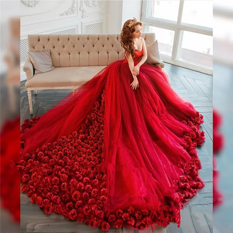 Vermelho 3d floral bola vestido de casamento 2020 fora do ombro mais tamanho feito à mão flores árabe africano vestidos de noiva novia