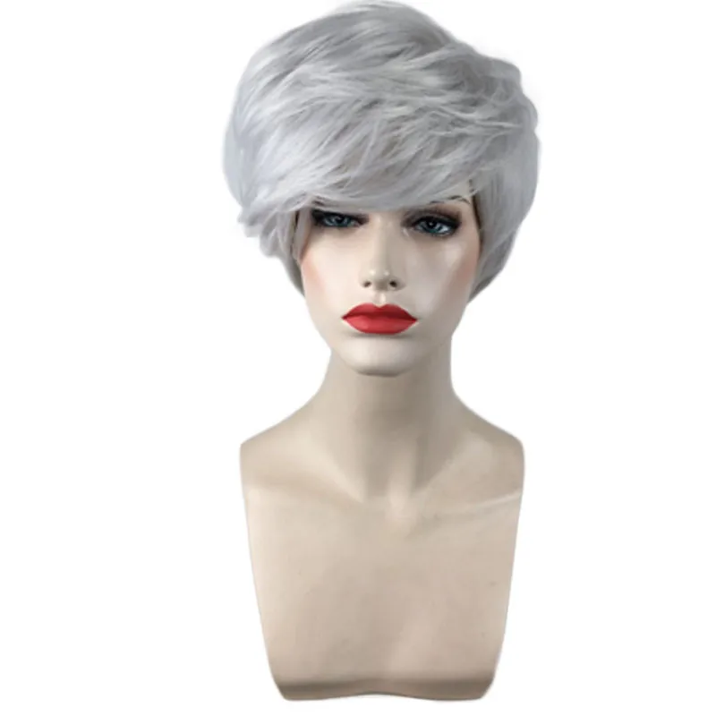 Ladise Short Silver Straight Wig With Bangs Synthetic Wig For Women Daily Party Use Nature Looking Wig Heat Resistant Fiber Wig