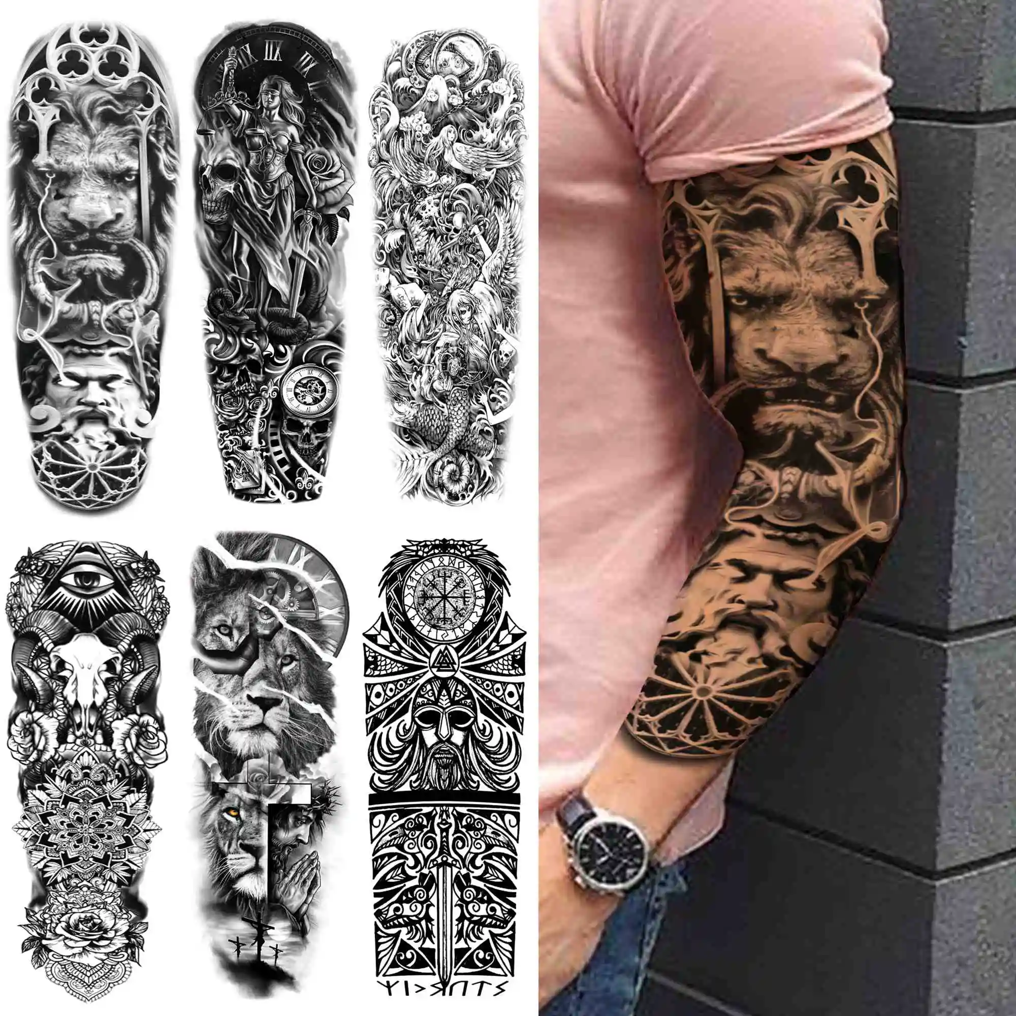 Lion King Temporary Tattoo Sleeve For Men Women Tribal Totem Tattoos Sticker Black Fake Flower Clock Bohemia Tatoos Paper