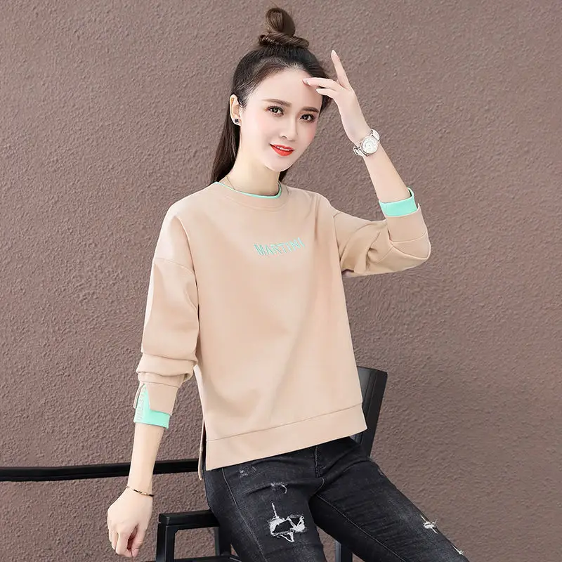 

Spring Autumn Style Women's Cotton Sweater O-Neck Solid Color Fake Two Pieces Letter Korean Loose Sweatshirts AA4083