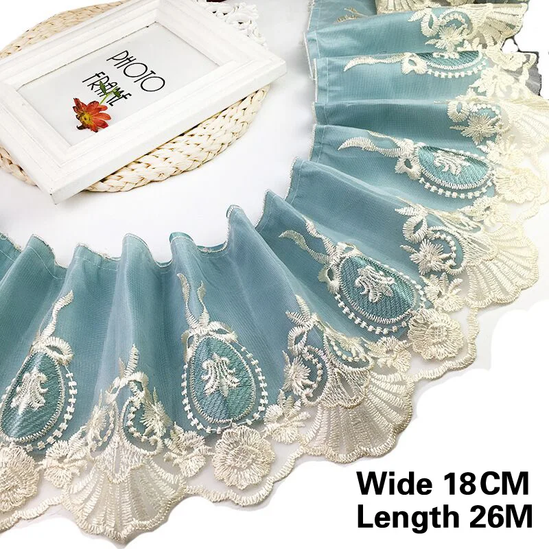 18CM Wide Colourful Mesh Fabric 3D Exquisite Pleated Lace Applique Ribbon Edge Trim Curtains Splice Sewing Accessories 28 yards