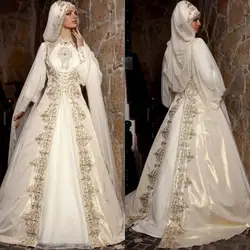 Modest Arabic Muslim Wedding Dresses With Long Sleeves High Neck Gold Embroidery Beads customsized Bridal Ball Gown With Cloak