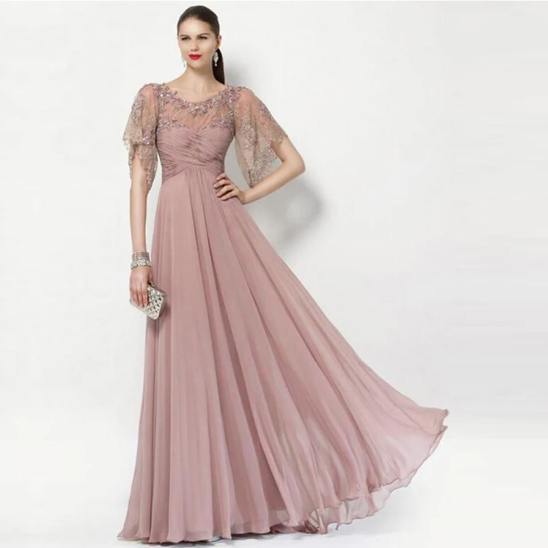 Charming Latest Blush Pink Chiffon Mother of the Bride Dresses Lace Jewel Neckline Short Sleeve Wedding Party Gowns Back Out