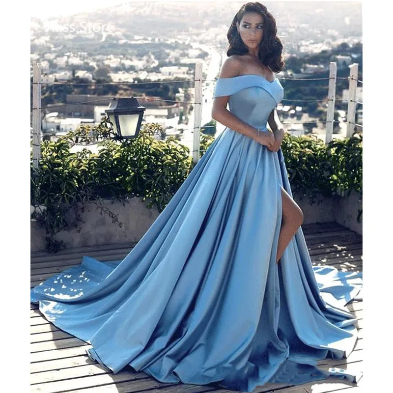 Elegant Evening Dress Light Blue ปิดไหล่แยกโมเดิร์นคำอย่างเป็นทางการ Party ชุดราตรี Vestido Feminino Festa ใหม่