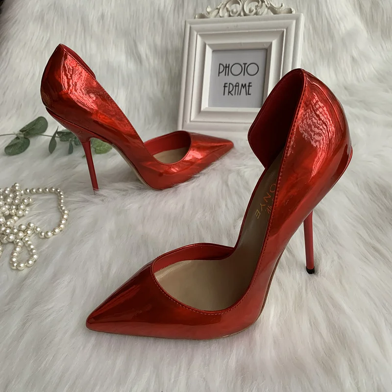 TOMONYE electro optic red patent pointed toe open inside night club sexy party evening women and men 12cm strange high heel shoe