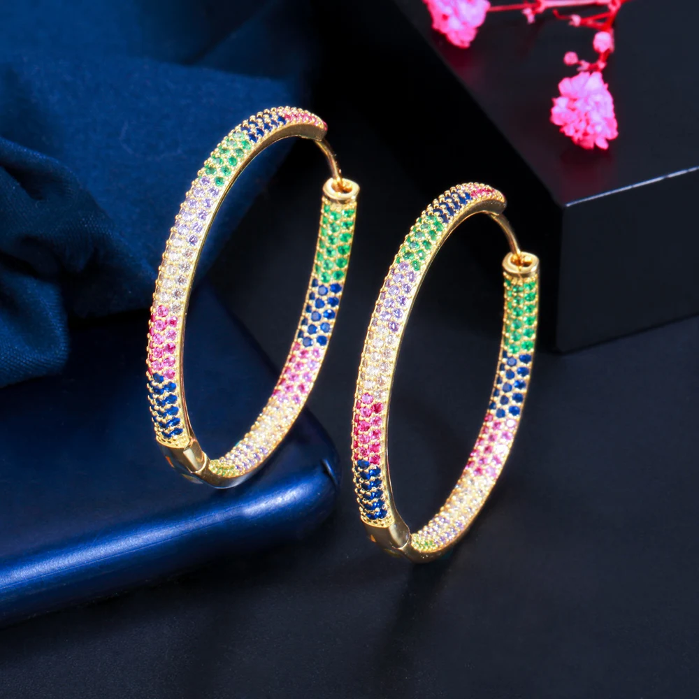 CWWZircons Trendy Two Tones Rainbow Cubic Zirconia Circle Round Hoop Earrings for Women Jewelry Hip Hop Pendientes Mujer CZ846