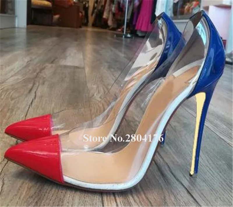 Brand Design Pointed Toe PVC Patchwork Stiletto Heel Pumps Slip-on Red Blue Transparent 12cm High Heels Formal Dress Shoes