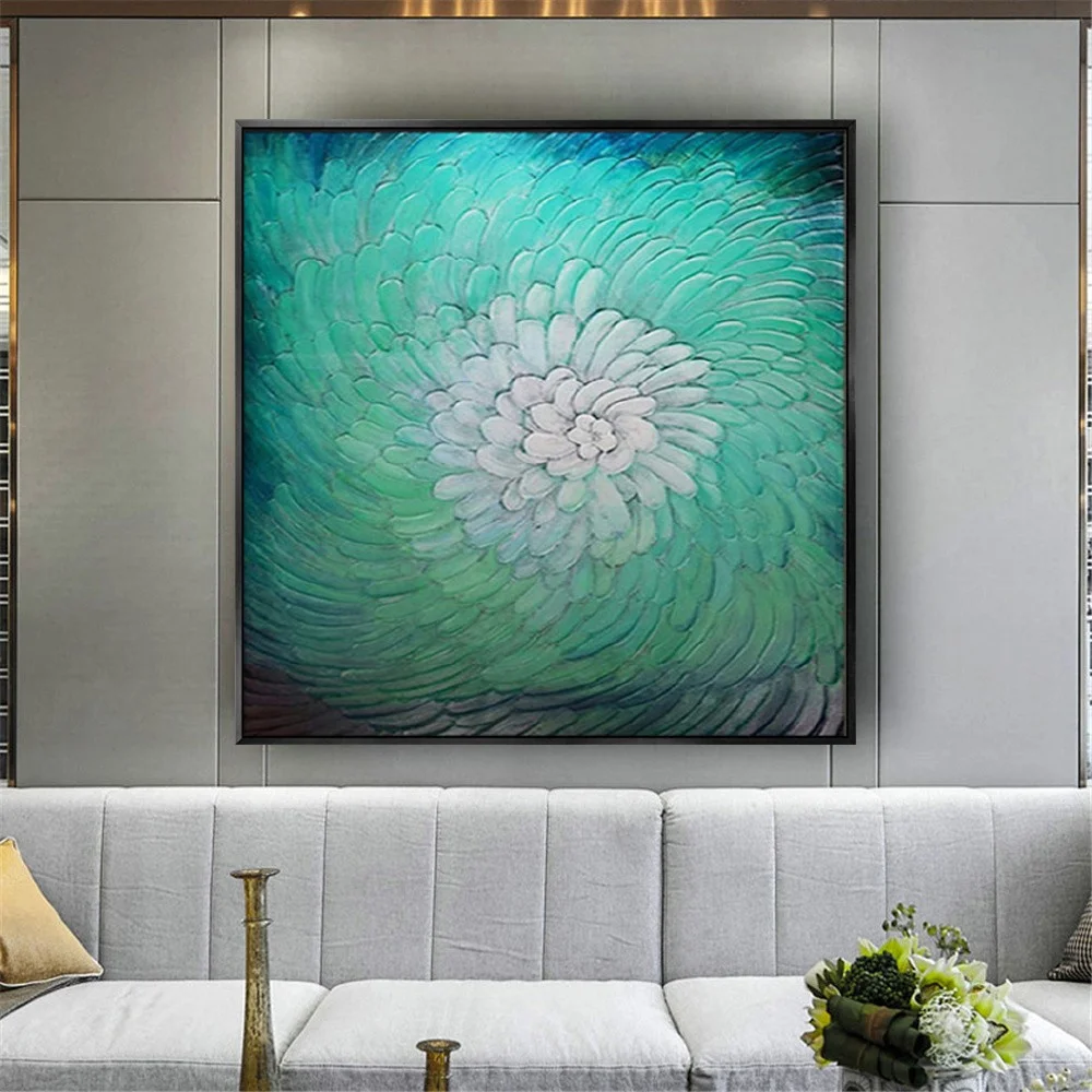 

100% Handpainedd Thick Textured Green Lutos Oil Painting Colorful Zen Flowers Hand-Painted Canvas Paintings Home Decor Wall Art