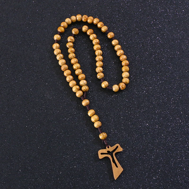 Komi Catholic Christ Orthodox Wooden Beads Hollow Cross Pendant Necklace For Women Men Religious Jesus Rosary Jewelry Gift R-004