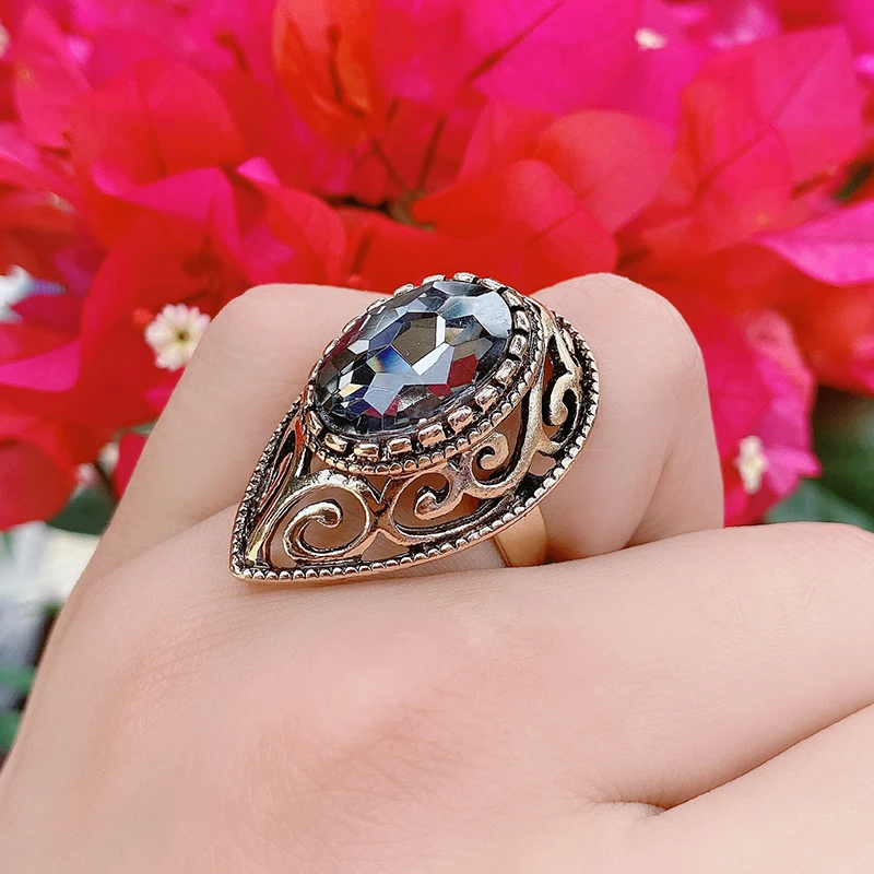 Wbmqda Boho Ethnic Bride Wedding Crystal Ring Antique Gold Color Hollow Flower Big Zircon Stone Rings For Women Turkish Jewelry