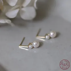 925 Sterling Silver Plating 14K Gold Two Pearl Earrings for Women Romantic Wedding Jewelry Accessories