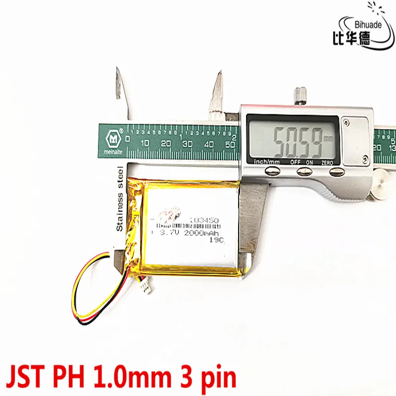 JST – batterie lithium 1.0 V, 3.7mm, 3 broches, bonne qualité, 103450 mAh, pour phare, navigateur GPS, polymère général, 2000