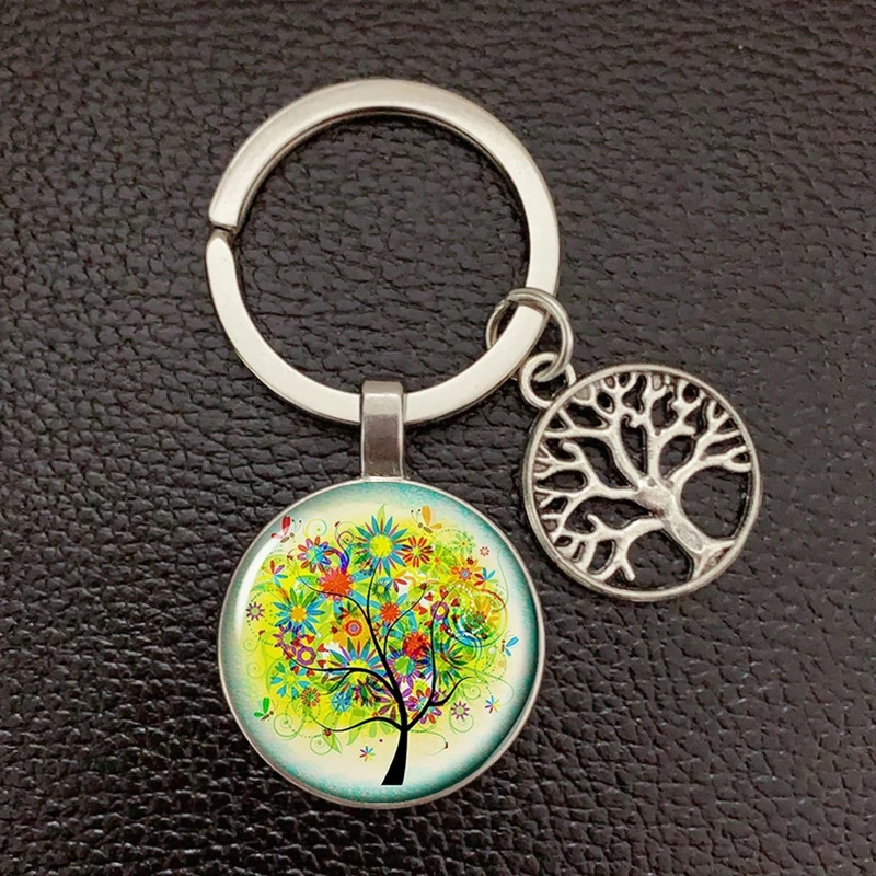 New Keychain Bird and Tree of Life Glass Convex Metal Key Ring Jewelry Daughter\'s Birthday Gift for Tree of Life