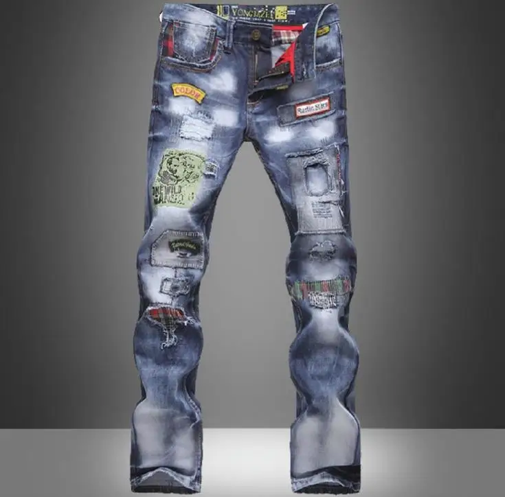 Fashion Torn Men's Jeans Patched Holey Washed Words Straight Leg Fitted Blue Jeans Hip Hop Pants