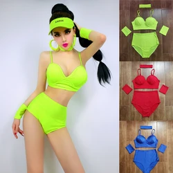 New Pole Dance Clothing Nightclub Gogo Costumes Dj Hip Hop Jazz Dancing Fluorescent Green Bikini Suit Pole Shorts Rave DNV14902