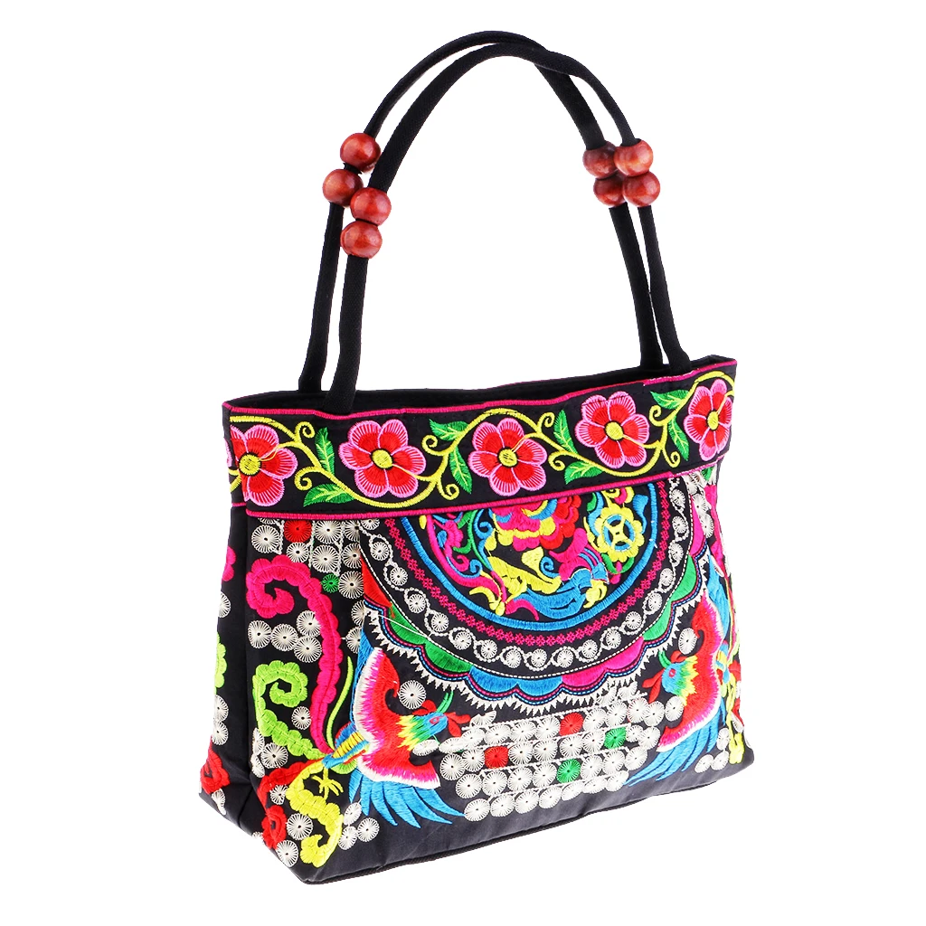 Floral Embroidery Travel Shoulder Bag - Boho Double-side Embroidered Flower Canvas Bag for Women