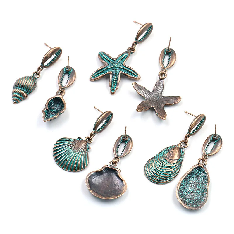 New 1 Pair 4.3-5.3mm Retro Patina Plated Zinc Alloy Green Sea Shells Earrings for Women\'s Fashion Jewelry Gift Date and Party