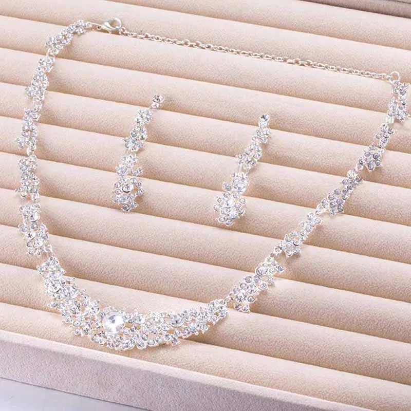 1 set Women Rhinestone Crystal Collar Necklace Earrings Wedding Party Jewelry Set