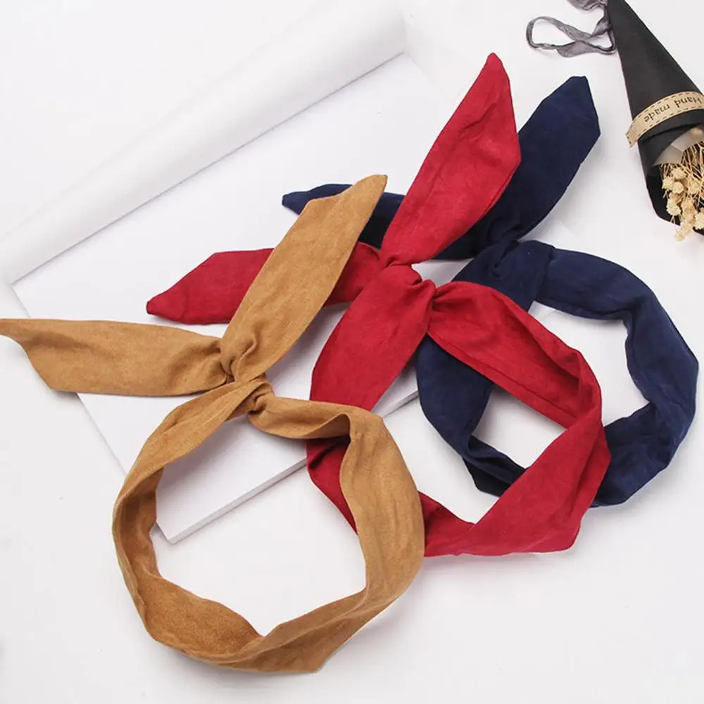 Cross Bow Headband Summer New Fashion Hair Accessories Retro Suede Solid Color Rabbit Ears Metal Wire Red Pink Hair Ties Hot