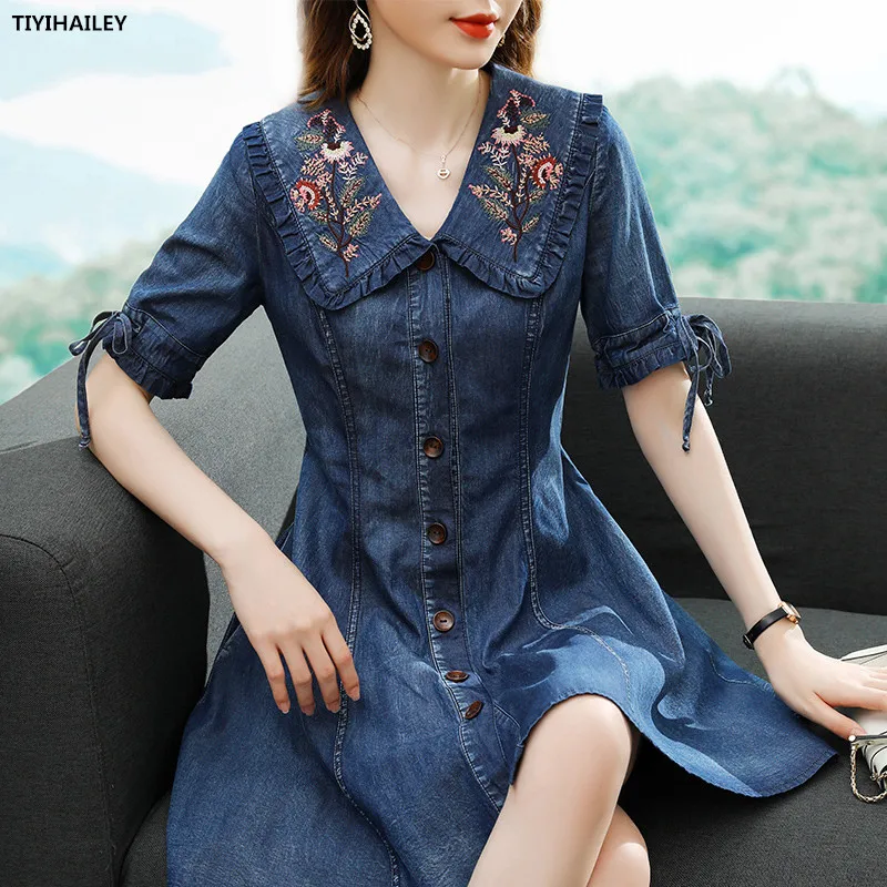 TIYIHAILEY Free Shipping 2022 Short Sleeve Mini Short Denim Women Vintage Embroidery Dress S-XL Chinese Style Single Breasted