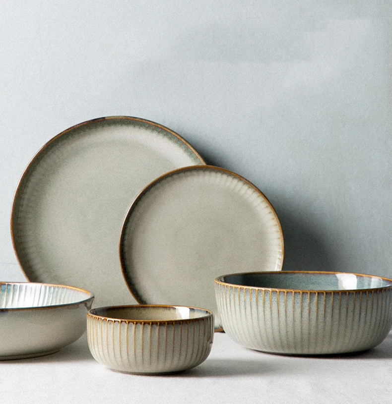 Retro Round Ceramic Dishes and Plates, Thicken Household Rice Salad Bowls, Eco Friendly Tableware, Ceramic Dinner Plates