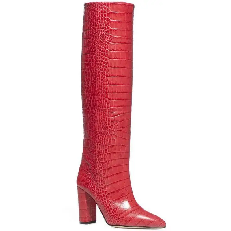 Woman Autumn Winter Square Heel High Boot Point Toe Knee High Heel Boot Crocodile Pattern Boots