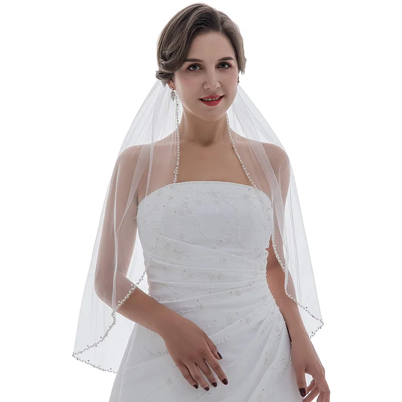 Velo di perline di cristallo di perle a 1 livello lunghezza del gomito velo da sposa da donna con pettine perline di Tulle velo accessori da sposa