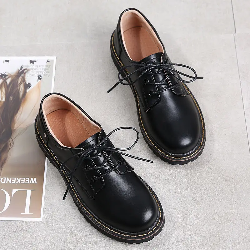 En kaliteli siyah Lolita ayakkabı daireler bayan Oxford kürk loafer\'lar kadın deri Mary Jane ayakkabı genç kızlar okul ayakkabısı büyük boy 43