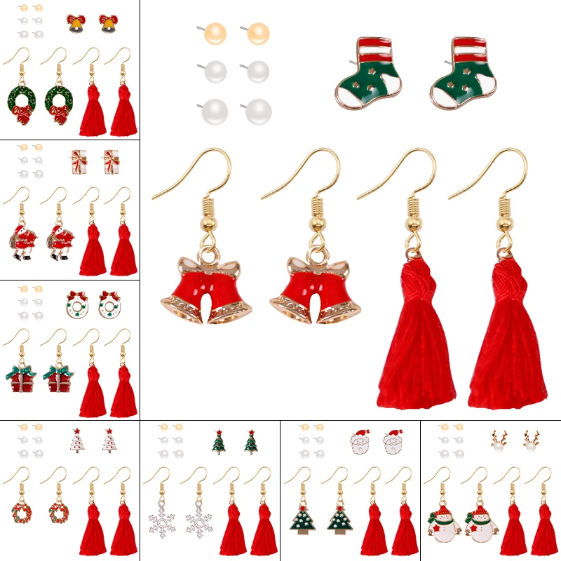 Christmas Series Six-piece Set Fashion Alloy Earrings Simple New Elegant Temperament Lady Red Tassel Earrings Set Holiday Gifts