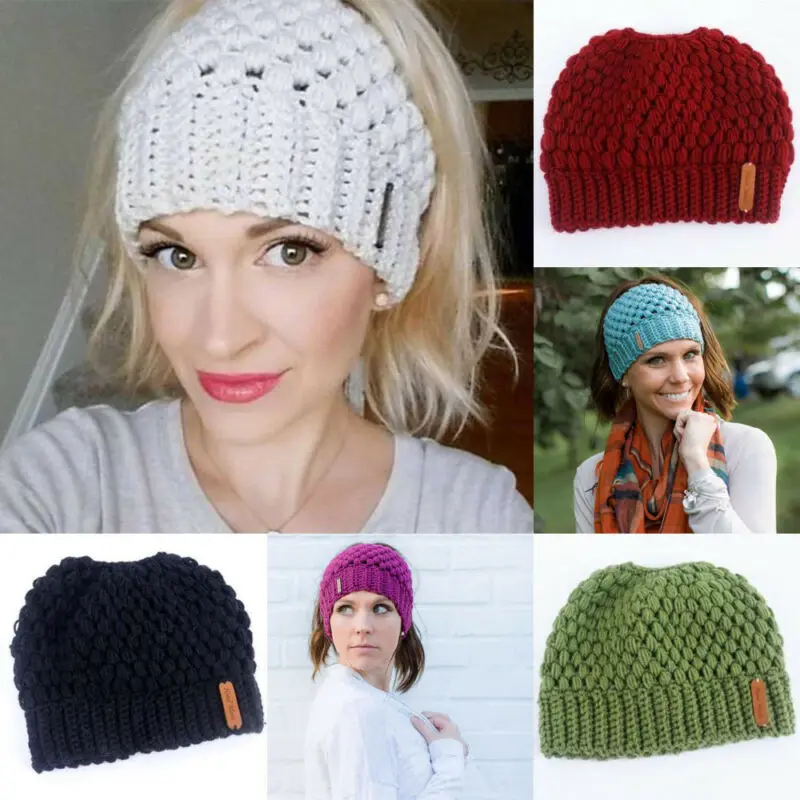 Women Girls Hat Messy High Bun Ponytail Beanie Stretch Knit Winter Warm Hole Cap Hot