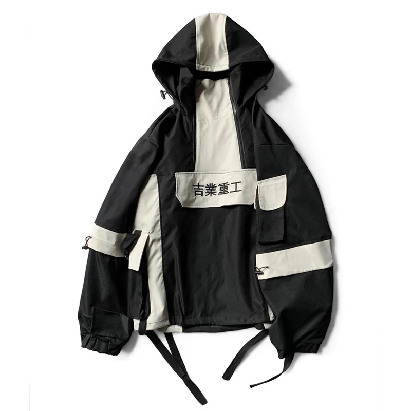 multi pocket stormsuit hiphop casual stitching Half Zip Hooded women Men's clothes Antique jacket Japanese style streetwear