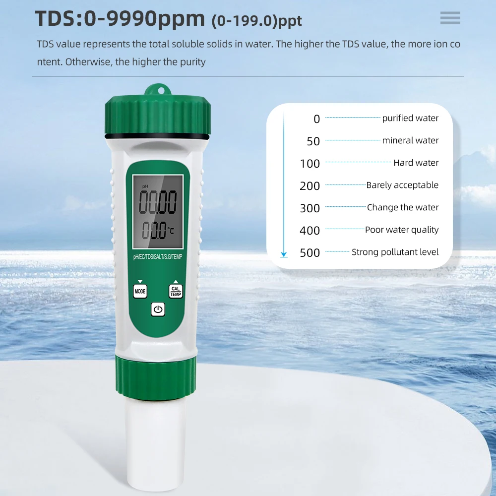 6 in 1 Temp EC TDS Salinity S.G PH Meter Marine Aquarium Salinity Meter Water Quality Tester for Drinking Water Aquarium Pool