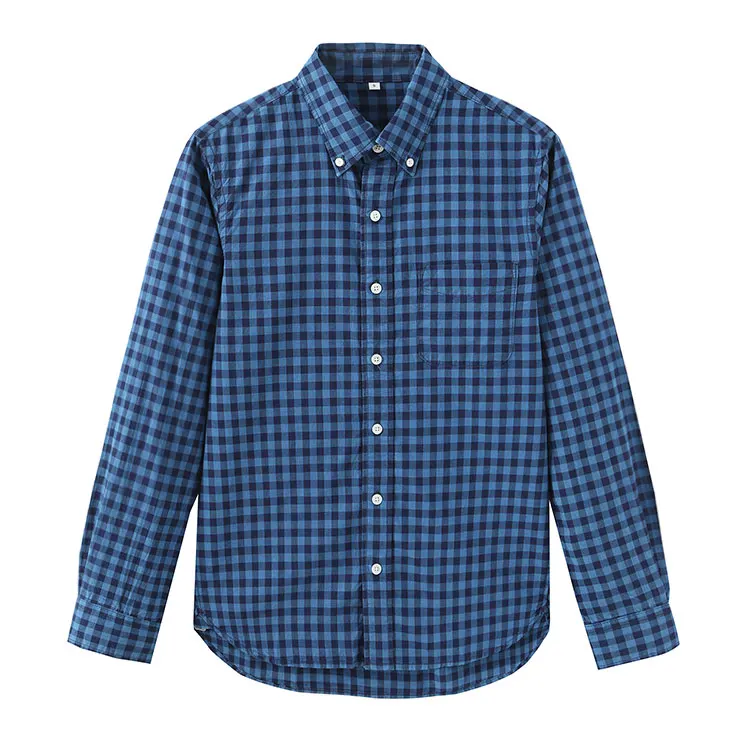 

Spring Autumn Men Simple Loose All-match Japan Style Plaid Blue Comfortable Breathable Water Washed Cotton Shirts/Blouse