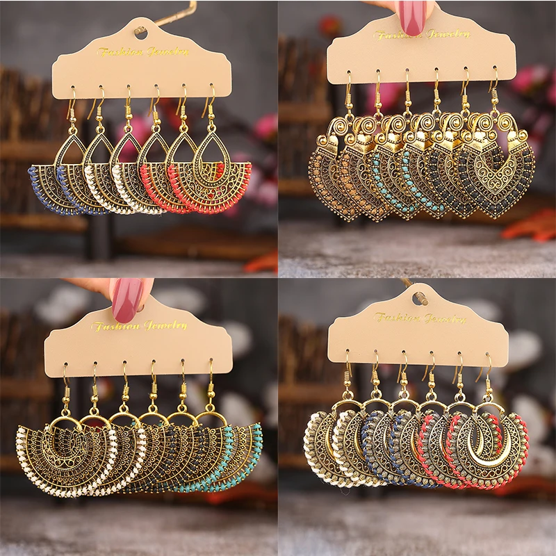 Vintage Bohemian Ethnic Drop Earrings Set for Women Elegant Gold Color Metal Hollow Geometric Dangle Earring Female Jewelry