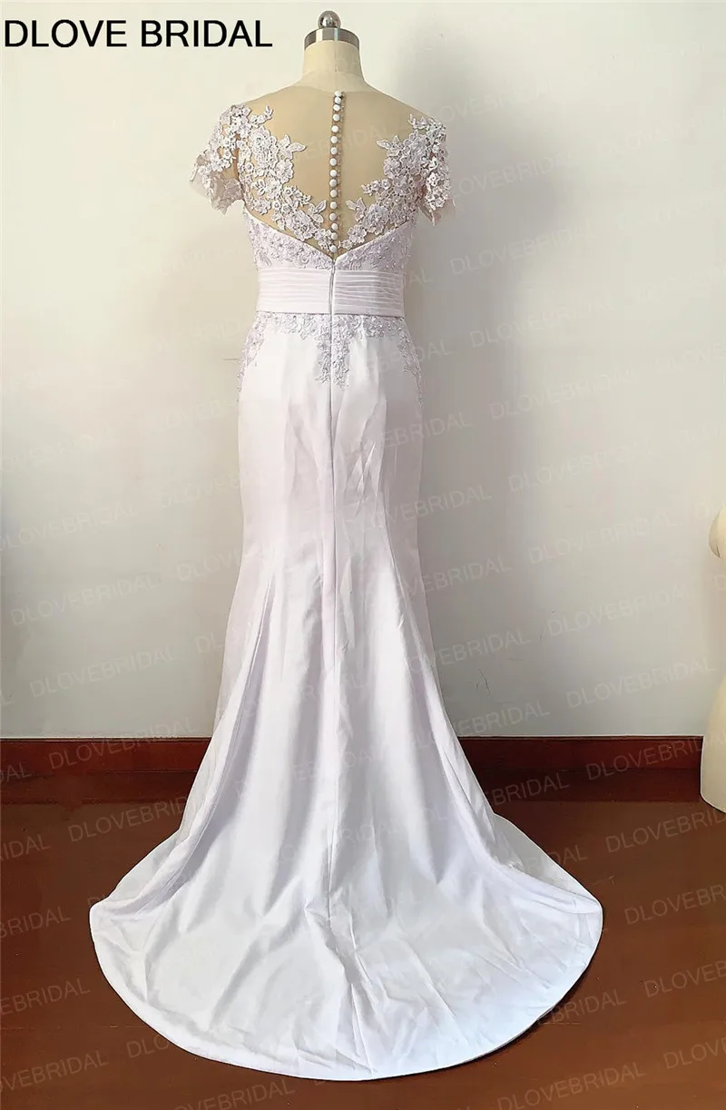 Đơn Giản Nữ Tay Ngắn Bãi Biển Áo CướI Ren Boho Appliques Ảo Giác Đầu Áo Dài Cô Dâu Với Nút Lưng Nhà Máy Tự Làm