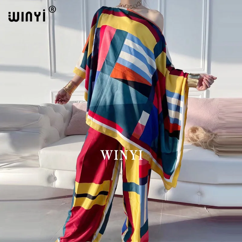 WINYI-traje de dos piezas con estampado bohemio para mujer, Vestido de manga de murciélago, seda elástica, largo hasta el suelo, talla grande,